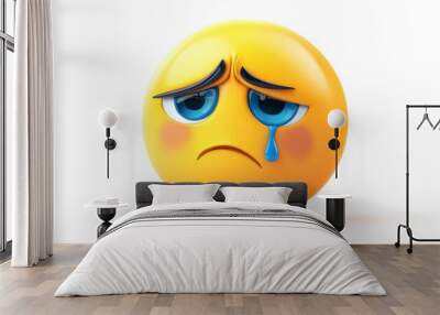 A sad yellow emoji face with a single tear drop falling down, expressing sadness and sorrow on a white background. High-quality 3D render. Wall mural