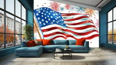 Clip art style illustration of a USA flag waving with 4th of July fireworks in the background, set on a white background Wall mural