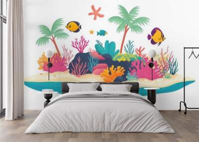 Colorful vector illustration of an underwater coral reef scene with fish, starfish, and palm trees on a white background. Wall mural