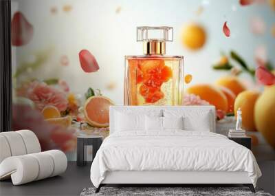 Elegant perfume bottle surrounded by flowers and fruits, capturing a fresh and vibrant essence in a beautifully lit setting. Wall mural