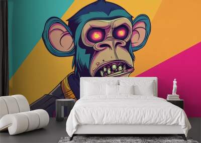 Illustration of a vibrant, colorful ape character with glowing eyes and a dystopian look on a multicolored background. Wall mural