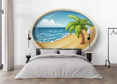 Vector illustration of a tropical beach with palm tree and ocean waves, perfect for travel and summer themed designs. Wall mural