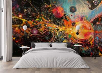 Vibrant abstract digital art with colorful shapes and dynamic patterns, creating an energetic and imaginative visual experience. Wall mural