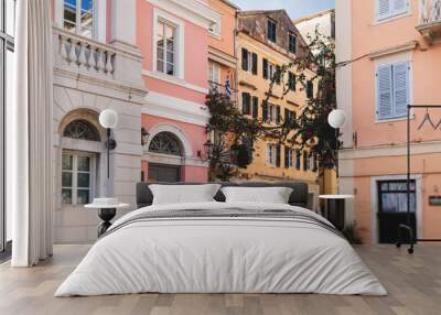 Corfu street view, Kerkyra old town beautiful cityscape, Ionian sea Islands, Greece, a summer sunny day, pedestrian streets with shops and cafes, architecture of historic center, travel to Greece Wall mural