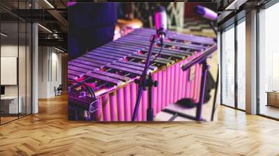 Xylophone concert view of vibraphone marimba player, mallets drum sticks, with a latin orchestra musical band performing in the background Wall mural