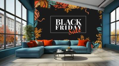 Black friday sale banner with fall elements. Chestnut tree and maple tree leaves and pumpkin. Autumn hand drawn elements. Wall mural