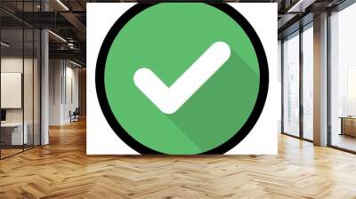 Check marks, Tick marks, Accepted, Approved, Yes, Correct, Ok, Right Choices, Task Completion, Voting. - vector mark symbols in green. Black stroke and shadow design. Isolated icon. Wall mural