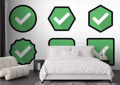 Check marks Icon Set, Tick marks, Accepted, Approved, Yes, Correct, Ok, Right Choices, Task Completion, Voting. - vector mark symbols in green. Black stroke design. Wall mural