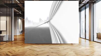 businessman pull open blank curtain covering gray cityscape Wall mural