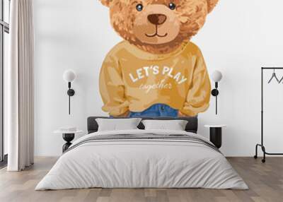 cute brown bear in yellow sweater and blue jeans vector illustration Wall mural