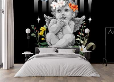 eternity slogan with boy angel sitting in flower garden hand drawn vector illustration on black background Wall mural