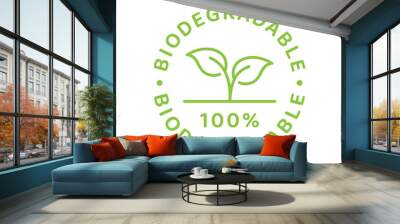 Biodegradable label in green with leaf and circle. Eco packaging recyclable symbol. Wall mural