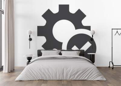 Cogwheel with ok, tick black vector icon. Gear and checkmark symbol. Wall mural