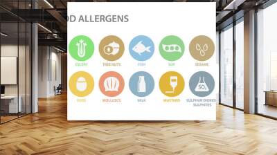 Food allergens white icons in pastel colorful circles. 14 food allergens vector circle icon set. Peanut, gluten, lactose soy allergy icons. Menu list of allergies. Wall mural