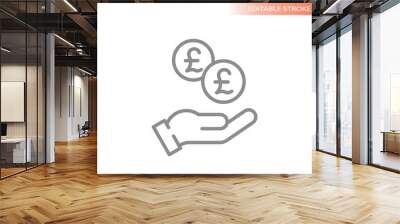 Human hand and money British pound dropping coin line icon. Savings and payment concept vector outline icons. Wall mural