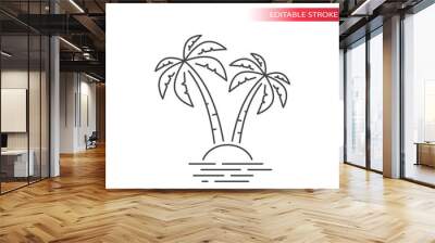 Palm tree and tropical island in the sea simple thin line icon. Outline, editable stroke vector. Wall mural