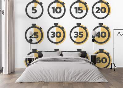 Timer or stopwatch with minute numbers icon set. Chronometer for time, clock symbol with 5, 10, 20 minutes set. Wall mural