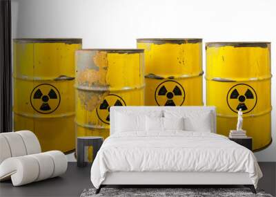 Barrel with radioactive waste. Nuclear warning sign. Rusty dangerous barrel with radionuclide, hazardous toxins on isolated background Wall mural