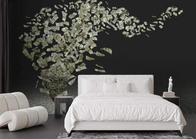 Money wallpaper background with US dollar bills tornado, whirlwind of dollars hurricane. Flying, levitating american cash. Typhoon of hundreds usd dollars banknotes Wall mural