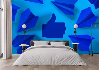 Paper plane and thumbs up like social network icon concept. Design with blue airplane background. Wall mural