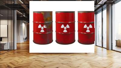 Red barrel with radioactive waste. Nuclear warning sign. Rusty dangerous barrel with radionuclide, hazardous toxins on isolated background Wall mural