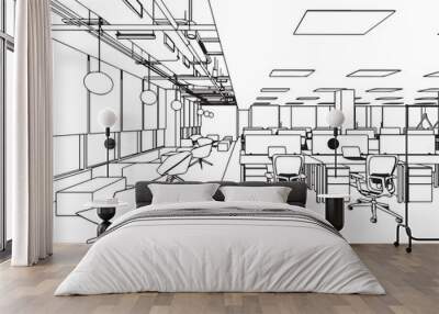 interior outline sketch drawing perspective office Wall mural