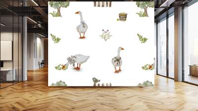 Watercolor illustration with cute geese. Seamless pattern with geese, tree, apples in the village Wall mural