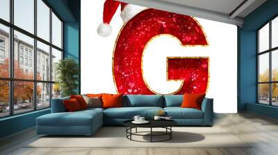 isolated red shiny 3d christmas number and alphabet with santa's hat on white background Wall mural