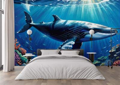 a painting of a whale swimming in the ocean Wall mural