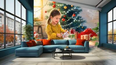 Happy Child Unwrapping Presents on Christmas Eve Wall mural