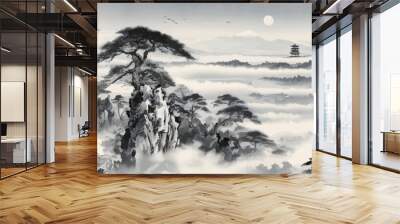 Moonlit mountain village with traditional pagoda Wall mural