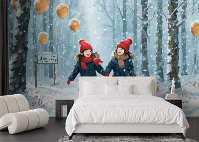 Two girls enjoying a snowy walk with their dog Wall mural