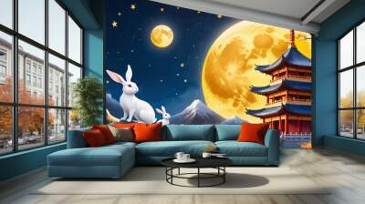 two white rabbits sitting on a tree branch in front of a full moon Wall mural