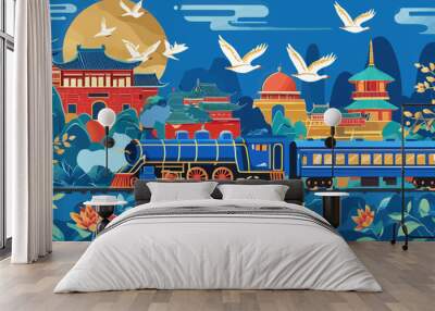 Vibrant Asian-inspired train journey through a colorful landscape with birds and traditional architecture Wall mural