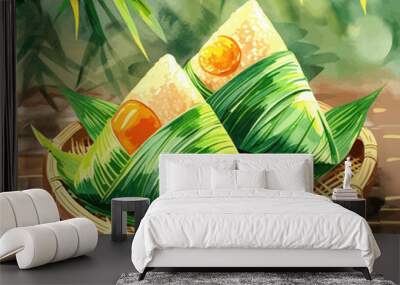 Vibrant Bamboo Basket with Two Orange-Filled Rolls and Green Leaves Wall mural