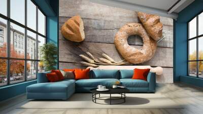 doughnut bread and cereal french bread over wood Wall mural