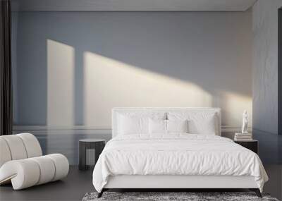 A minimalist empty room featuring natural sunlight reflections on the white walls and tiled floor, creating a serene, open atmosphere Wall mural