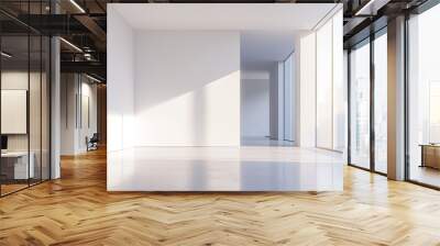 A minimalist empty room featuring natural sunlight reflections on the white walls and tiled floor, creating a serene, open atmosphere Wall mural