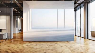 A minimalist empty room featuring natural sunlight reflections on the white walls and tiled floor, creating a serene, open atmosphere Wall mural