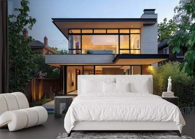 A modern house with glass and white brick, featuring minimalist architecture, captured in the evening light Wall mural