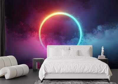 Abstract neon background. Glowing neon circle in dark room with smoke and smog. Empty scene for your design Wall mural