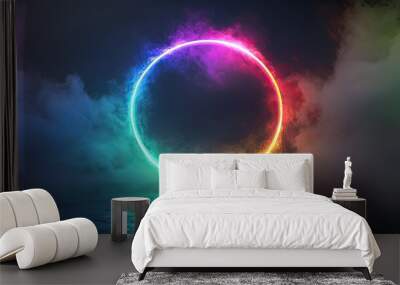 Abstract neon background. Glowing neon circle in dark room with smoke and smog. Empty scene for your design Wall mural