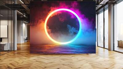 Abstract neon background. Glowing neon circle in dark room with smoke and smog. Empty scene for your design Wall mural