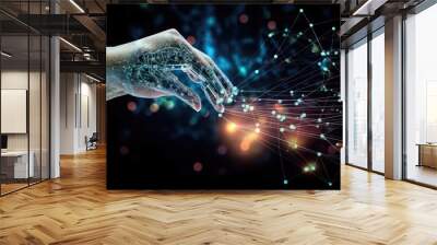 AI, Machine Learning, robot hand and human touch on big data network connection background, science and technology artificial intelligence, innovation and future Wall mural