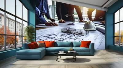 Architect or engineer working on blueprint at construction site. Engineering and architecture concept Wall mural