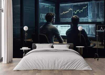 back view of two businessmen working together in the office Discuss and monitor global currency indices in exchange-traded funds.	 Wall mural