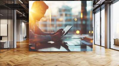 Businessman working on laptop computer in modern office, closeup. Business and technology concept Wall mural