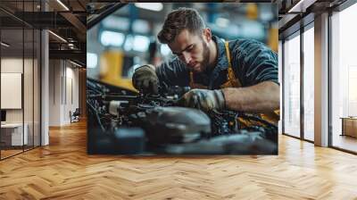 Car mechanic working in auto repair service. Closeup of auto mechanic hands repairing car engine Wall mural