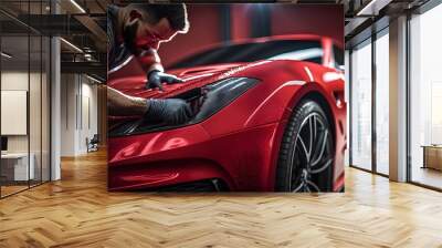 Close up of a auto body mechanic buffing a scratch on a red sports car. Generative AI Wall mural