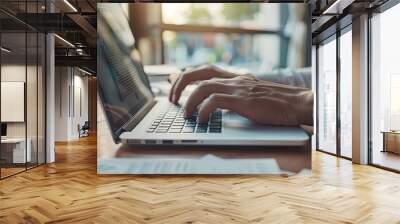 Close up of businessman hands typing on laptop keyboard in office. Male hands typing on keyboard. Close up of male hands typing on laptop keyboard. Wall mural